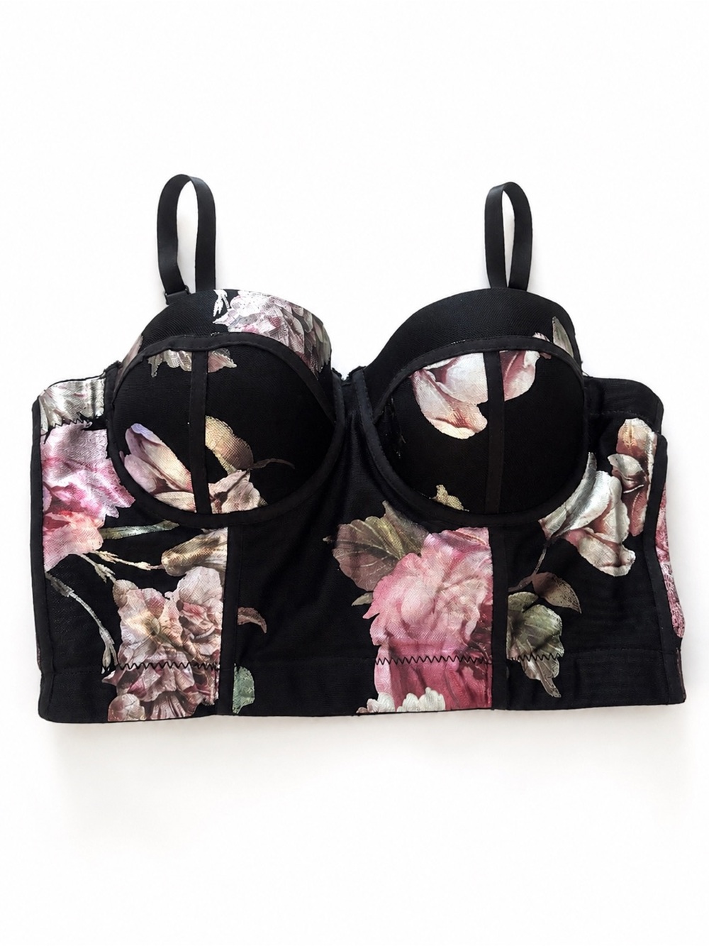 Black Floral Corset Crop Top Bustier Satin Rose Print Structured Cami Y2K size M